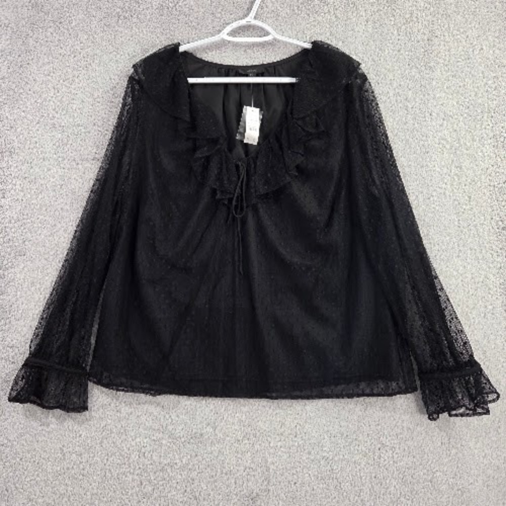 J.Crew Lace Ruffle V-Neck Blouse Women's 2X Black Sheer Mesh Long Sleeve NWT